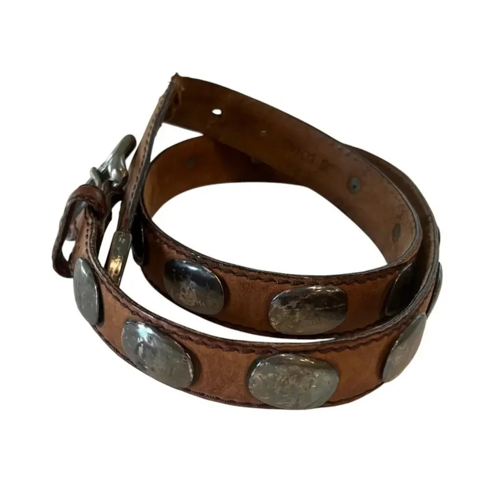 Vintage Leather Concho Belt Brown Silver Oval Discs Size 36 Western